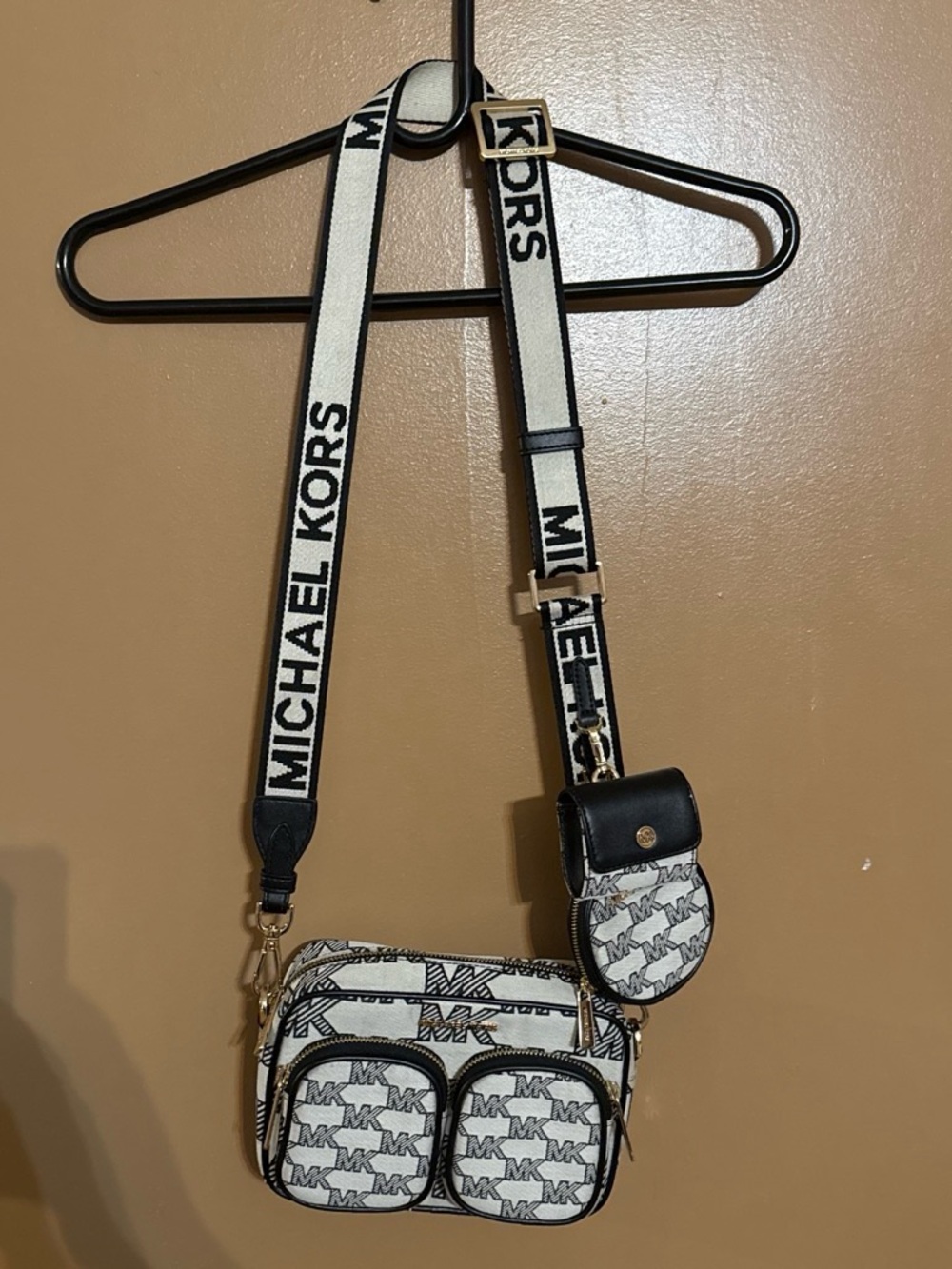 Michael Kors White and Black MK Logo Crossbody with Branded Strap and Coin Pouch